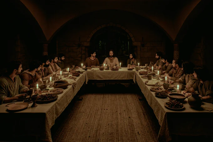 Jesus and the disciples sit round a U shaped table in a candle lit room in a still for THE CHOSEN