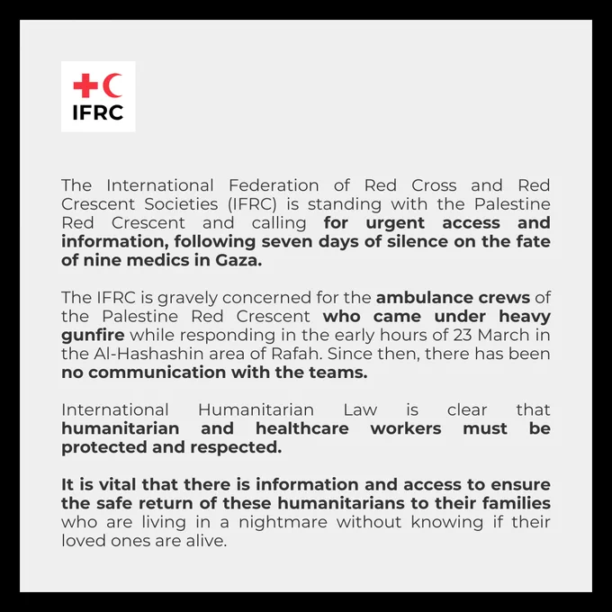 The International Federation of Red Cross and Red Crescent Societies (IFRC) is standing with the Palestine Red Crescent and calling for urgent access and information, following seven days of silence on the fate of nine medics in Gaza. 
 
The IFRC is gravely concerned for the ambulance crews of the Palestine Red Crescent who came under heavy gunfire while responding in the early hours of 23 March in the Al-Hashashin area of Rafah. Since then, there has been no communication with the teams. 
 
International Humanitarian Law is clear that humanitarian and healthcare workers must be protected and respected.  
 
It is vital that there is information and access to ensure the safe return of these humanitarians to their families who are living in a nightmare without knowing if their loved ones are alive. 