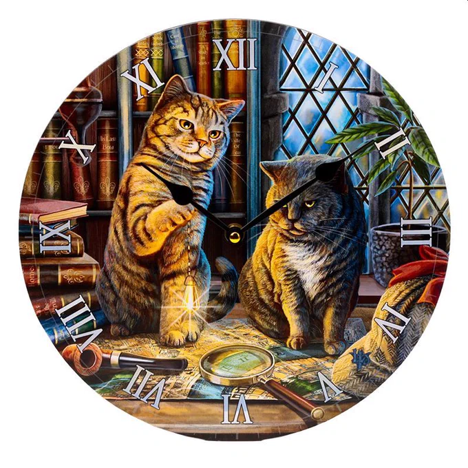 A decorative wall clock featuring two cats sitting on a table in a study/library. Also on the table are an open map, a magnifying glass, a pipe and a deerstalker hat.