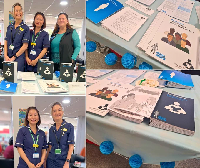 Collage of two images at a healthcare information event. The top image shows three medical staff members standing together, wearing blue uniforms with ID badges. The bottom image features a close-up of a display table covered with various informational brochures and leaflets related to health services.