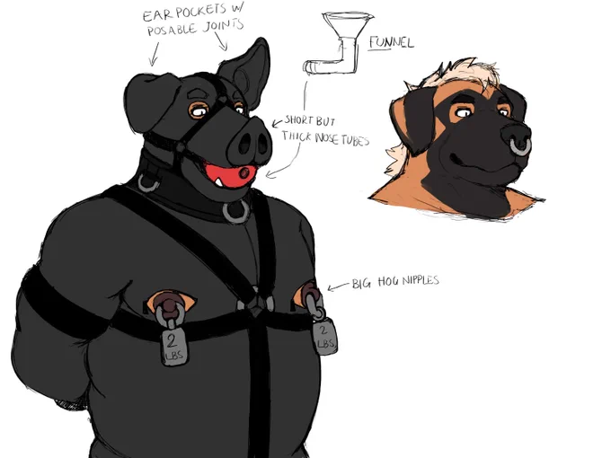 Some sketch of a leonberger and him wearing gimp outfit