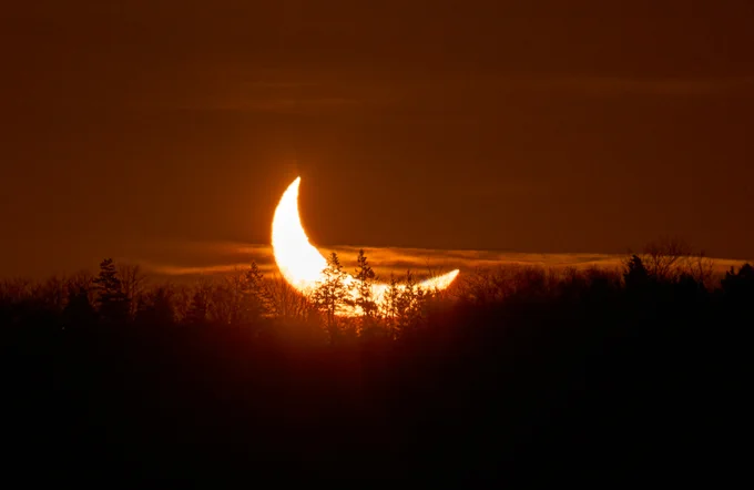 View of a crescent Sun rising in the distance over trees. A single band of cloud stretches across the horizon.