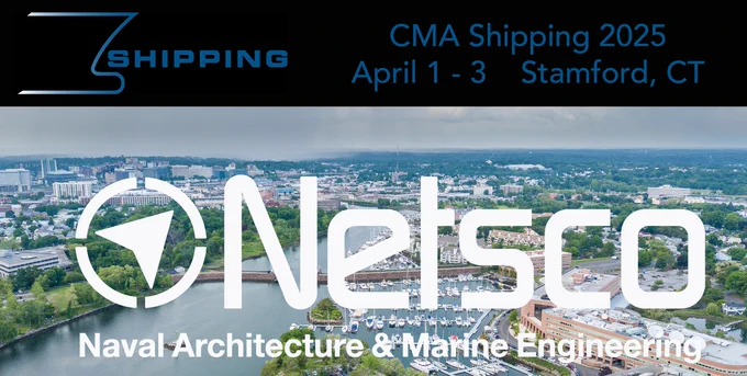 Richard Mueller is attending CMA Shipping 2025. Photo of the port of Stamford, CT USA and NETSCo logo