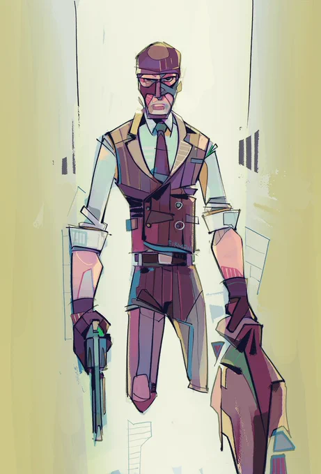 An illustration of the red spy from Team Fortress 2, drawn from the knees up.  He is hunched and glaring at the viewer, his right hand holding a revolver pointed down, his left hand holding his suit jacket, also pointed down, gravitationally speaking.  He has a long face obscured by a balaclava with cutouts for the eyes and mouth.  He wears classy attire; a white dress shirt with the sleeves rolled up, a double breasted vest, necktie, and dress pants.  Everything is brown apart from the shirt, even the balaclava, and the suit is chalk striped.