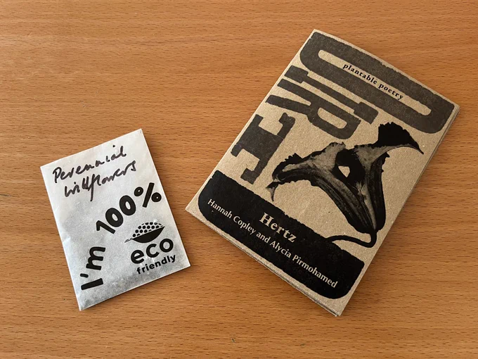 Colour photograph of a packet of wildflower seeds and a brown poetry pamphlet with the text: plantable poetry. DIRT. Hertz - Hannah Copley and Alycia Pirmohamed.