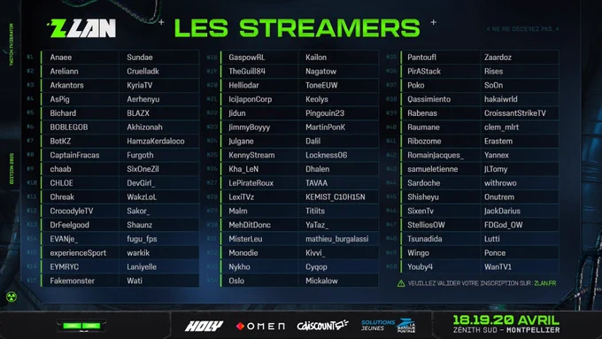Visuel des streamers qualifiés pour la ZLAN 2025