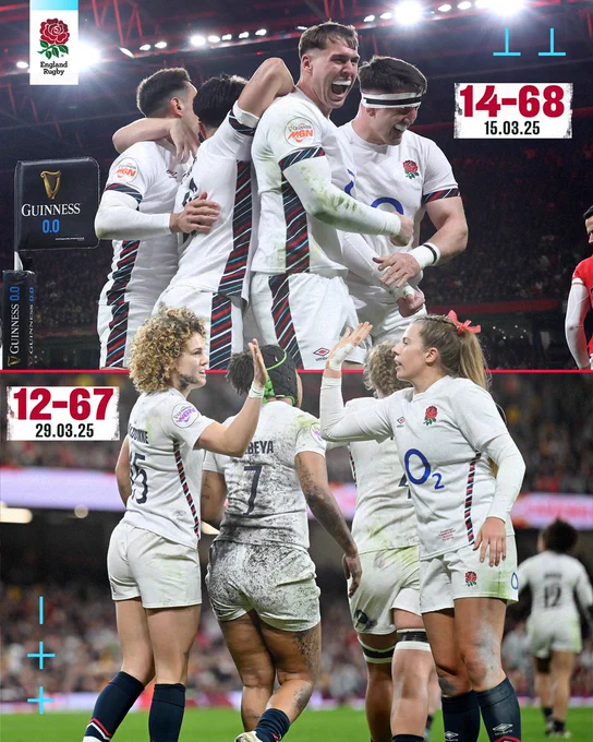 England Senior Men celebrate their 68-14 Guinness Men's Six Nations win at the Principality Stadium and England's Red Roses celebrate their 67-12 Guinness Women's Six Nations victory at the same venue.