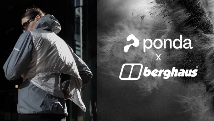 A model wearing the coat and the innovative fibre, reading the words Ponda x berghaus