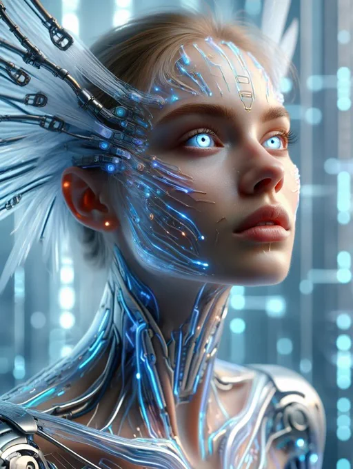 A highly detailed digital artwork of a futuristic woman with cybernetic enhancements integrated into her face, neck, and shoulders. Her skin is fused with glowing blue circuitry and sleek metal plating. Mechanical appendages extend from her head like ethereal wings, adding a surreal and regal quality. Her bright, glowing blue eyes stare upward, evoking a sense of wisdom and transcendence. The background features a soft focus of digital light patterns, emphasizing the sci-fi, high-tech atmosphere.