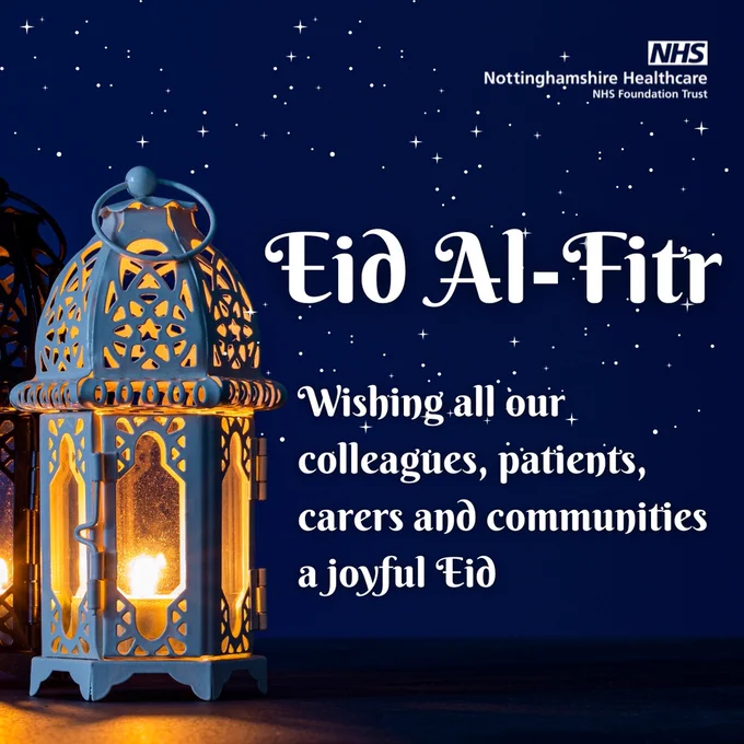 Image of a lamp with the night sky as a backdrop. Message reads Eid Al-Fitr, wishing all our colleagues, patients, carers and communities a joyful Eid.