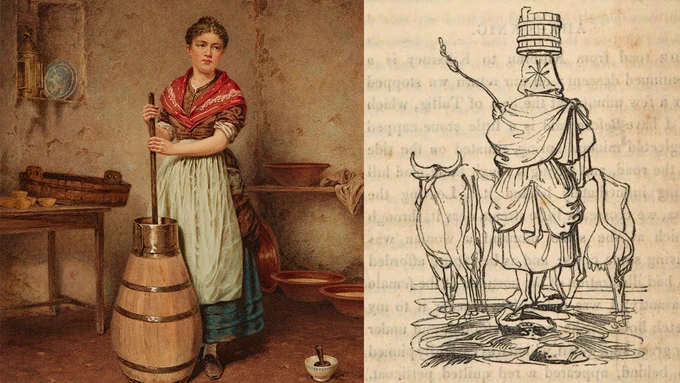 IN THE DAIRY by William Magrath, Courtesy Gorry Gallery / Woman carrying a milk can on her head while driving cows across a stream c.1827 by Daniel Maclise in Legends of the Lakes. 