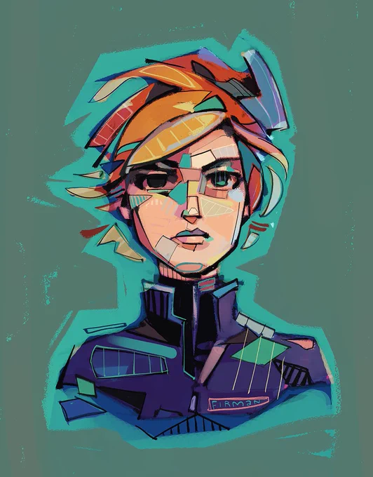 A perhaps too boring straight-on portrait of Joanna Dark from the Perfect Dark franchise, I’ll probably try drawing her again in the future.  This is a bust.  I mean like, depicted from the shoulders up, but I suppose also a bust in terms of being a disappointment.  She has a neutral expression, and has short red hair in a sort of mom cut, with a blonde streak of swept bangs.  She is in a slim, blue black zip up jacket.