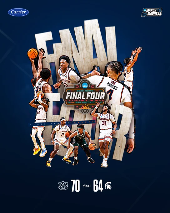 Auburn Tigers defeat the Michigan State Spartans 70 to 64.