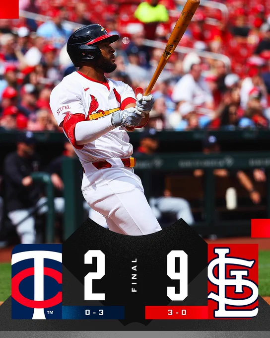 Final Score Graphic
Minnesota Twins 2 (0-3), St. Louis Cardinals 9 (3-0)
Pictured: Victor Scott II follows though on his swing and admires his home run. He is wearing a white Cardinals uniform with red and yellow lettering.