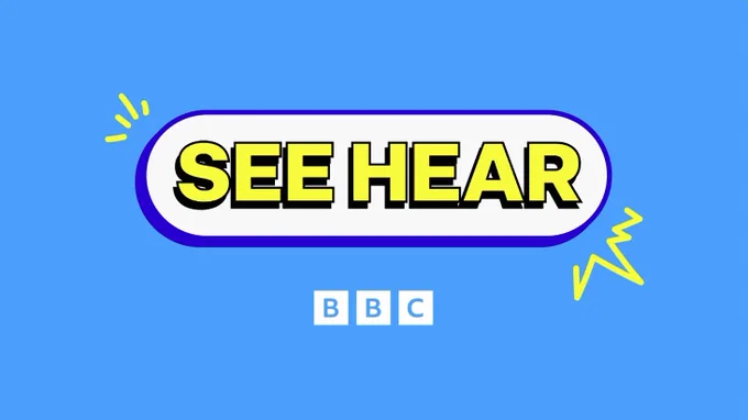 The See Hear logo in yellow and white on a blue background and below it is the BBC logo.