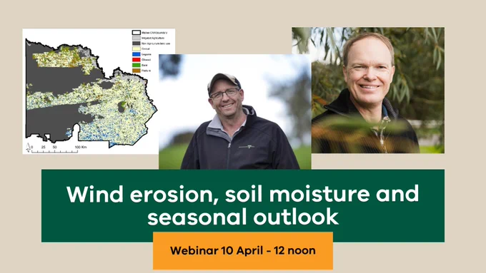 Promotional image for a webinar titled 'Wind erosion, soil moisture and seasonal outlook' on 10 April from noon. Includes a map showing wind erosion zones, and photos of two speakers smiling.