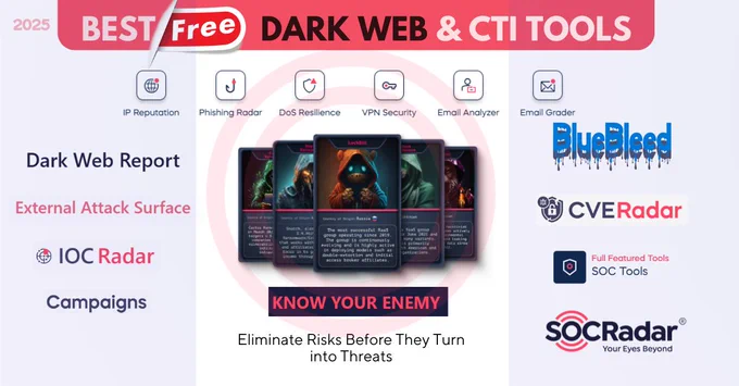 Dark Web Monitoring, Cyber Threat Intelligence, Attack Surface Management, and Supply Chain Intelligence are crucial for modern cybersecurity – kudos to SOCRadar® Extended Threat Intelligence for providing these essential tools for free. 

⏩Dark Web Report : https://lnkd.in/diKy8Yrf 
Checks if personal/organizational data appears on dark web markets, forums, or Telegram channels.

⏩External Attack Surface Discovery: https://lnkd.in/d5KMJhGd 
Identifies internet-facing assets vulnerable to cyberattacks using threat intelligence algorithms.

⏩BlueBleed Detection: https://lnkd.in/dSRivCt5
Flags data leaks from misconfigured cloud storage (AWS, Azure, Google) across 150K  companies.

⏩Threat Actor Intelligence: https://lnkd.in/dMEWZYKM 
Profiles APT groups (e.g., APT42) and ransomware operations with rankings and tactics.

⏩DarkMirror Monitoring: https://lnkd.in/ddYnU9Rp 
Tracks dark web news trends across 1018 industries and 28K  threat actor discussions.
