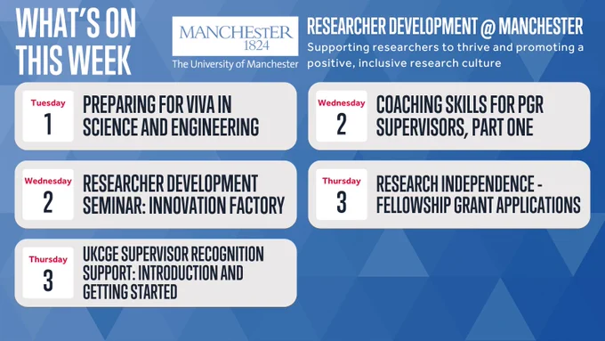 What’s on this week - Researcher Development@Manchester "Supporting Researchers to thrive and promoting a positive, inclusive research culture."

Tuesday 1 April at 10:00 - 12:30: Preparing for Viva in Science and Engineering

Wednesday 2 April at 10:00 - 12:00: Coaching Skills for PGR Supervisors, Part One

Wednesday 2 April at 13:00 -14:00: Researcher Development Seminar: Innovation factory

Thursday 3 April at 10:00 -12:00: Research Independence - Fellowship grant applications

Thursday 3 April at 13:00 -14:00: UKCGE Supervisor Recognition support: Introduction and getting started

Thursday 3 April at 13:00 - 15:00: Practical Viva Preparation