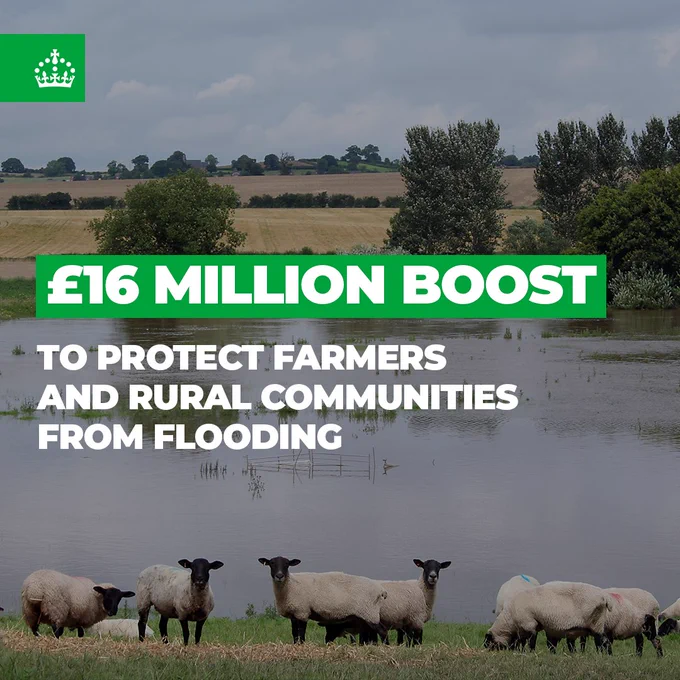 Image of sheep in front of a flooded field. Text reads "£16 million boost to protect farmers and rural communities from flooding"