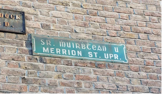 Picture of green and white street sign with text 'Merrion St. Upr' in English and Irish. 