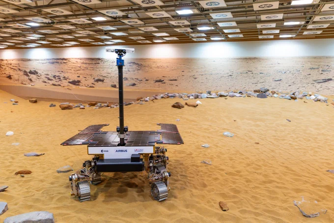 Replica of the Rosalind Franklin Mars Rover in the Mars Yard simulation environment 