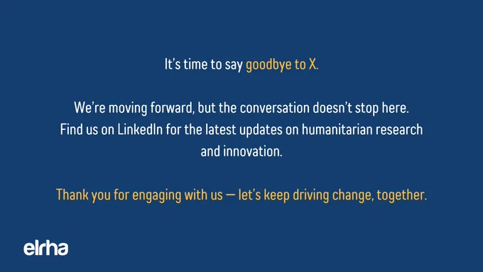 It’s time to say goodbye to X.

We’re moving forward, but the conversation doesn’t stop here.
Find us on LinkedIn for the latest updates on humanitarian research and innovation.

Thank you for engaging with us — let’s keep driving change, together.