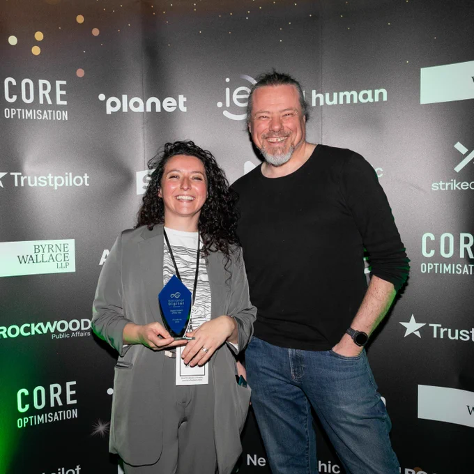 Elodie Flenniau and Anthony Lindsay with the runner up trophy for Oxfam Ireland.