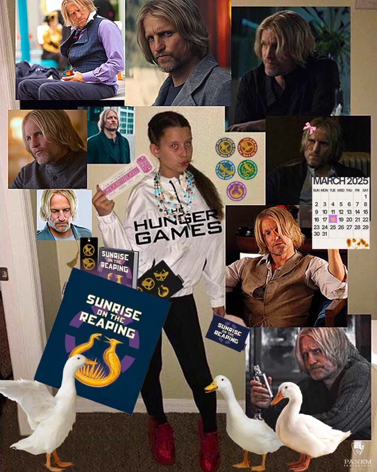 A meme of merch Stan girl wearing hunger games and sunrise on the reaping merch, with Haymitch posters surrounding her and 3 geese at her feet. She’s wearing several layered necklaces ala Maysilee Donner