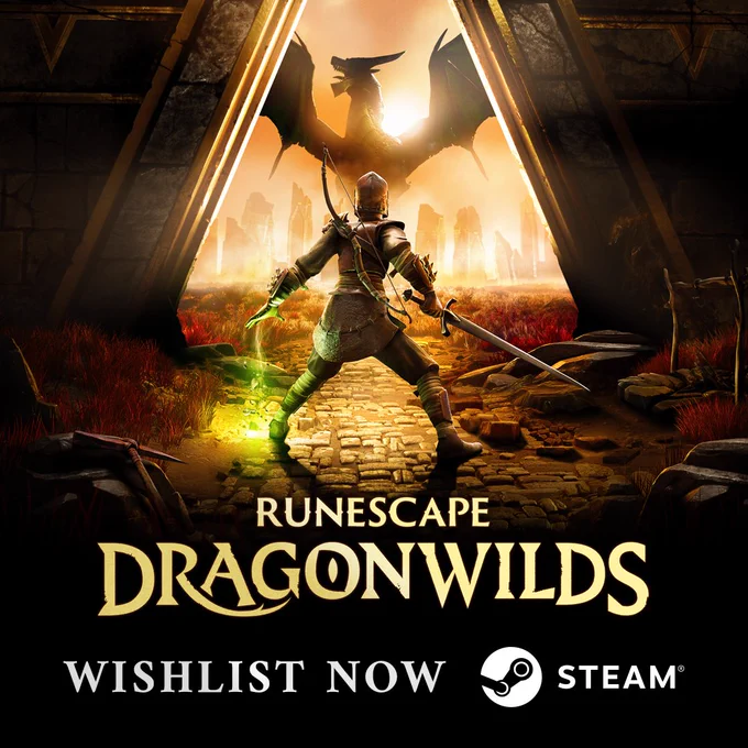 Key art for RuneScape: Dragonwilds showing a heroic adventurer wielding a sword as a Dragon rears up in the distance, blocking out the sun.