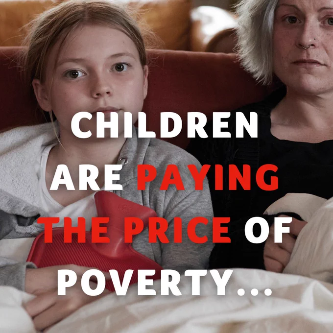 An image featuring two individuals on a couch, looking concerned, with text overlay stating 'Children are paying the price of poverty...'
