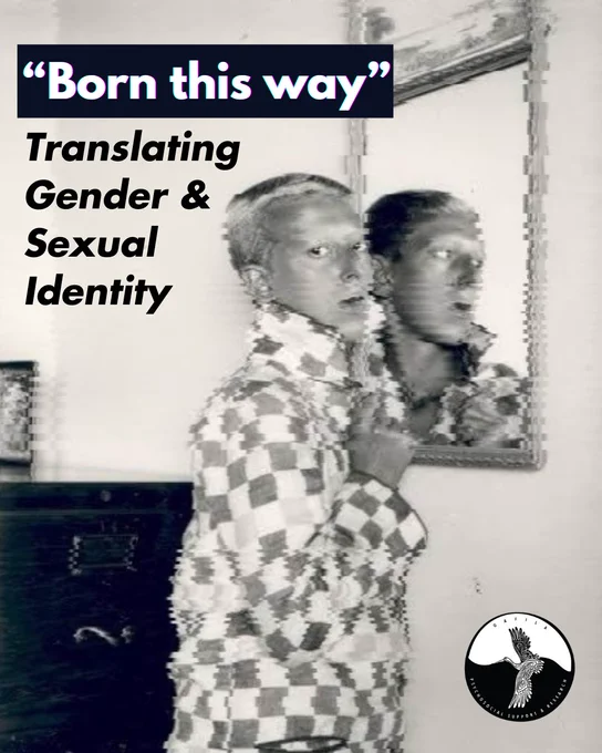Slide 1: This slide features a black and white self-portrait by Claude Cahun, wherein the artist and their reflection are shown looking at the camera with a glitching effect placed on the picture. The text reads: “Born this way-Translating Gender & Sexual Identity”. On the bottom right is the Qafila logo. This logo is repeated in the same place for all the slides.

