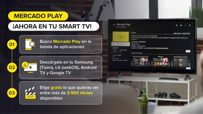 ¡Mercado Play ahora en tu Smart TV!
1. Busca Mercado Play en la tienda de aplicaciones.
2. ⁠Descárgala en tu Samsung (Tizen), LG (WebOS), Android TV y Google TV.
3. ⁠Elige gratis lo que quieras ver entre más de 2.500 títulos disponibles.