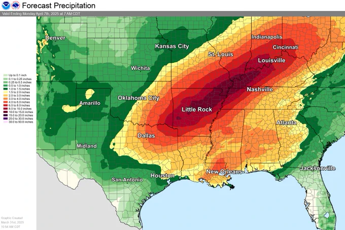 A map of the southern and eastern US that shows expected rainfall totals over the next 7 days. 
