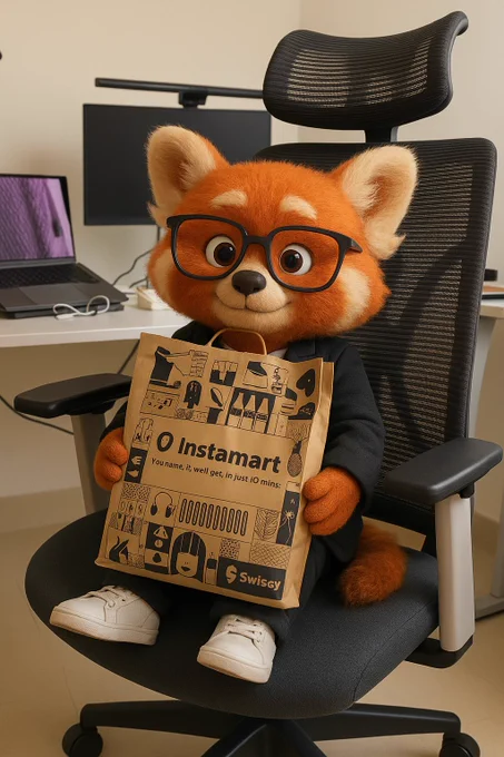 An AI generated image of a Red Panda sitting on a chair.