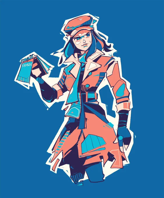 An illustration from the knees up of Fallout 4 companion Piper Wright, a post-apocalyptic journalist operating out of Diamond City.  She is holding a notepad up in her right hand and looking off to her left with keen scrutiny.  I challenged myself to only use 6 colours in this piece, so it’s all peaches, blues and a dark purple.  Piper wears a red newscap, red trench coat with the sleeves rolled up, black fingerless gloves that cover the forearms, dark pants, and a scarf knotted and hanging down her front.