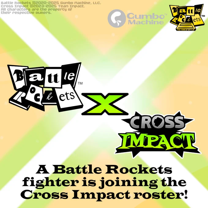 Teaser for an upcoming collaboration between the video games, Battle Rockets and Cross Impact; text reads, "A Battle Rockets fighter is joining the Cross Impact roster!"
