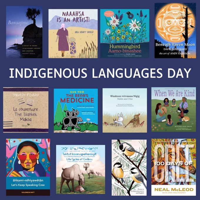 Indigenous Languages Day post with a collage of book covers of various Indigenous languages