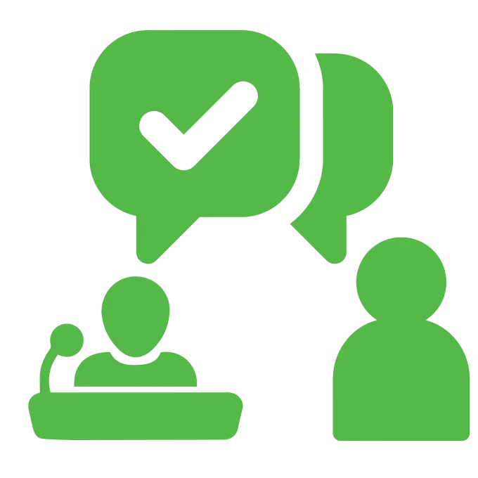 Green icon of two people with a green check mark inside a speech bubble.