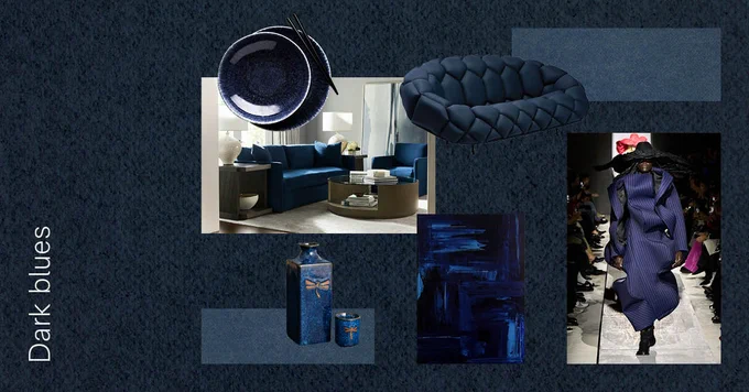 Collage featuring various items in dark blue hues, including stylish interior design elements, a fashion model wearing a textured outfit on a runway, and an abstract blue painting.