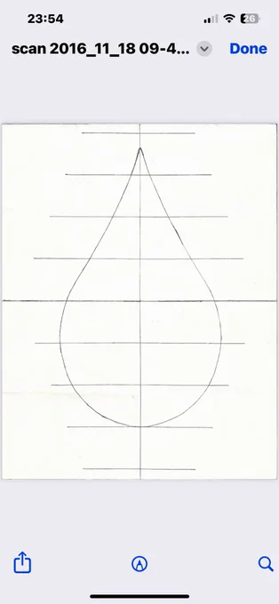 The image depicts a hand-drawn sketch of a teardrop shape on a grid. The primary shape in the image is a teardrop (or droplet), which is symmetrical along its vertical axis. The teardrop has a pointed top and a rounded bottom, resembling a water droplet or a flame-like shape. The grid consists of evenly spaced horizontal and vertical lines, creating a series of squares. This grid likely serves as a guide for drawing the teardrop with proper proportions and symmetry. The teardrop is symmetrical about the central vertical axis, meaning the left and right sides mirror each other. The width of the teardrop increases gradually from the pointed top to the rounded bottom, reaching its maximum width near the lower part of the grid before tapering slightly -* the very bottom. The height of the teardrop spans most of the grid, from the second horizontal line from the top to the second horizontal line from the bottom.

Lexical Fragments and Resonant Keywords include: Origin, Shape, Breath, ELUST