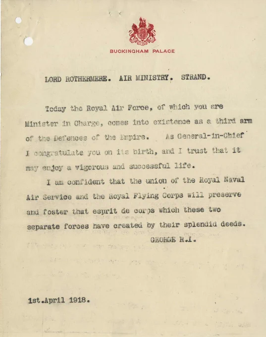 Letter from King George, from 1918, congratulating the RAF coming into existence.