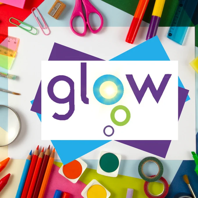 The image shows the Glow logo surrounded by lots of stationery.