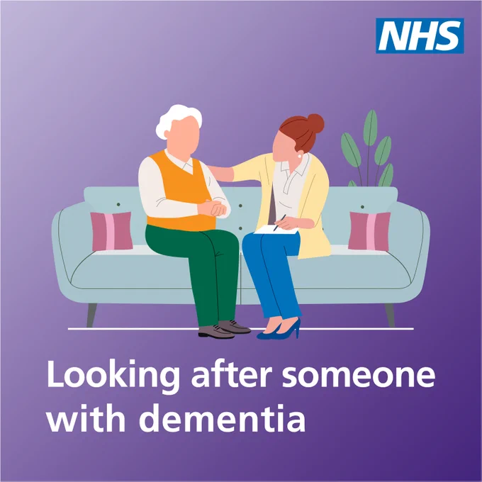 Looking after someone with dementia. A graphic shows a woman sitting with an elderly person on a sofa with their arm on their shoulder.