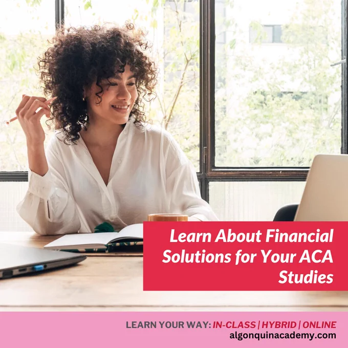 A student happily studies at a desk. The text highlights financial aid solutions available for ACA students, offering funding support to ease tuition costs.