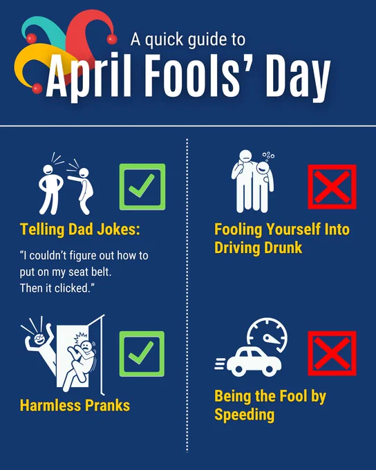 Infographic titled 'A Quick Guide to April Fools' Day' with two categories: Harmless Pranks and Being the Fool by Speeding. Each category shows icons with checkmarks for safe activities like a misaligned belt and crying as a joke, and cross marks for dangerous actions like trying to fool yourself and speeding in a car.