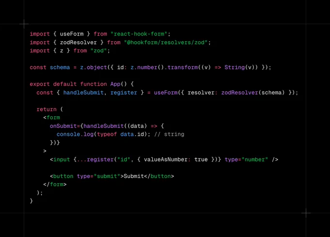 Code snippet showing a React form using react-hook-form and Zod. The form has a number input, but Zod transforms the value into a string. The console logs typeof data.id as "string", highlighting type inference in Resolvers v5. 🚀