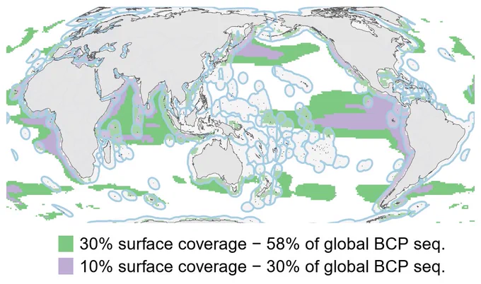 BCP 50-year sequestration hotspots covering 10% and 30% of the ocean surface and relative global coverage