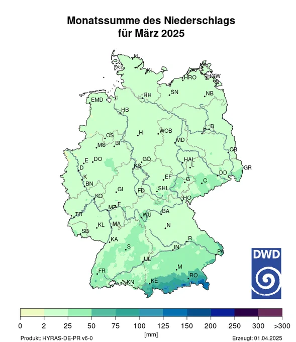Die Abbildung zeigt die Monatssummen des Niederschlags im März 2025 an. Die meisten Niederschläge fielen im südlichen Bayern. Rest von Deutschland eher niederschlagsarm.
