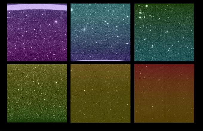 Six images show a small portion of the sky in various hues of color that represent infrared wavelengths. The three images across the top are in shades of purple, violet, teal, blue, and green. The bottom three images shows gradients of green, yellow, red, and orange. The first three images across the top are one large observation of the sky, SPHEREx detects infrared light, which is invisible to the human eye. To make the images shown here, science team members assigned a visible color to each infrared wavelength captured by the observatory. With each detector capturing 17 unique infrared wavelength bands, there are 102 hues in this image. To detect so many infrared colors, SPHEREx uses color filters set on top of the detectors. (If the detectors are like SPHEREx’s eyes, the filters are like color-tinted glasses). A standard color filter blocks all wavelengths but one, but the SPHEREx filters are more like rainbow-tinted glasses, in that the wavelengths they block change gradually from 