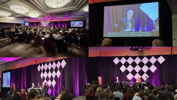 Four images from the panel conversation on stage. 